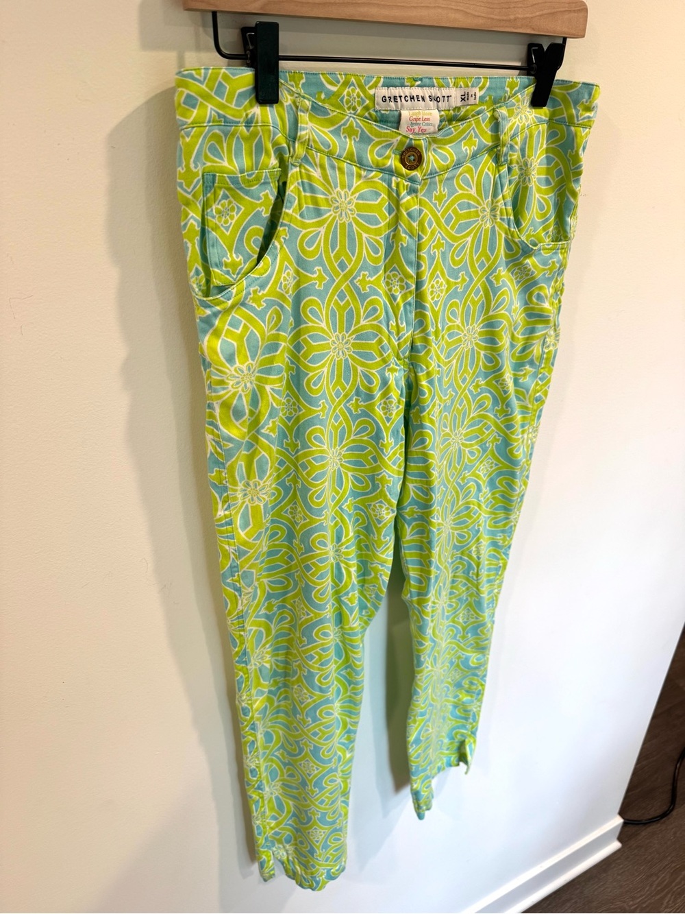 Gretchen Scott Cotton Pants Arabesque Moroccan Tile Print Aqua & Lime Size XL